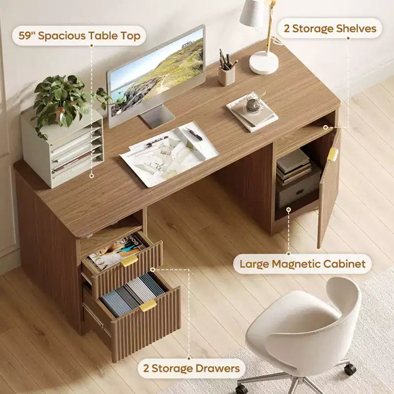Bestier Scrivania Direzionale Moderna da 150cm con Spazio Contenitivo, Scrivania da Ufficio a Casa in Legno con 2 Cassetti e 3 Vani, Scrivania Scanalata per Studio e Soggiorno