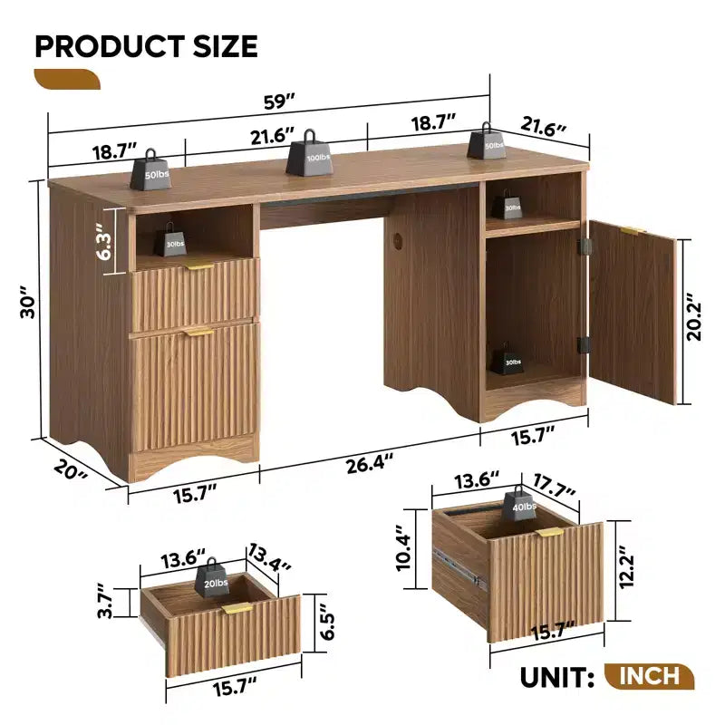 Bestier Scrivania Direzionale Moderna da 150cm con Spazio Contenitivo, Scrivania da Ufficio a Casa in Legno con 2 Cassetti e 3 Vani, Scrivania Scanalata per Studio e Soggiorno