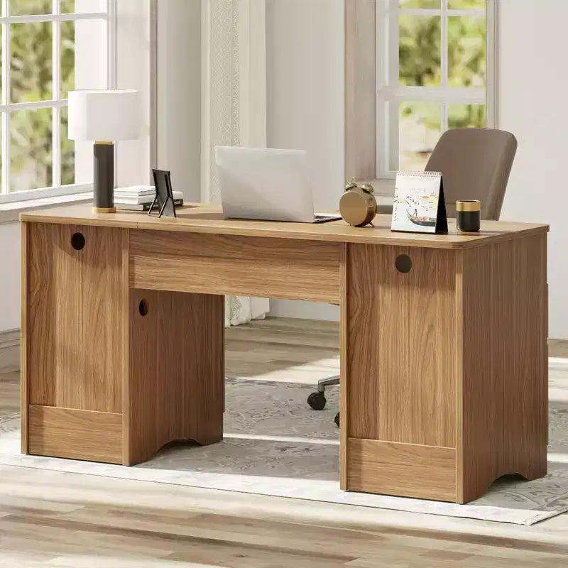 Bestier Scrivania Direzionale Moderna da 150cm con Spazio Contenitivo, Scrivania da Ufficio a Casa in Legno con 2 Cassetti e 3 Vani, Scrivania Scanalata per Studio e Soggiorno
