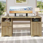 Bestier Scrivania Direzionale Moderna da 150cm con Spazio Contenitivo, Scrivania da Ufficio a Casa in Legno con 2 Cassetti e 3 Vani, Scrivania Scanalata per Studio e Soggiorno