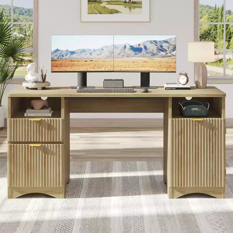 Bestier Scrivania Direzionale Moderna da 150cm con Spazio Contenitivo, Scrivania da Ufficio a Casa in Legno con 2 Cassetti e 3 Vani, Scrivania Scanalata per Studio e Soggiorno