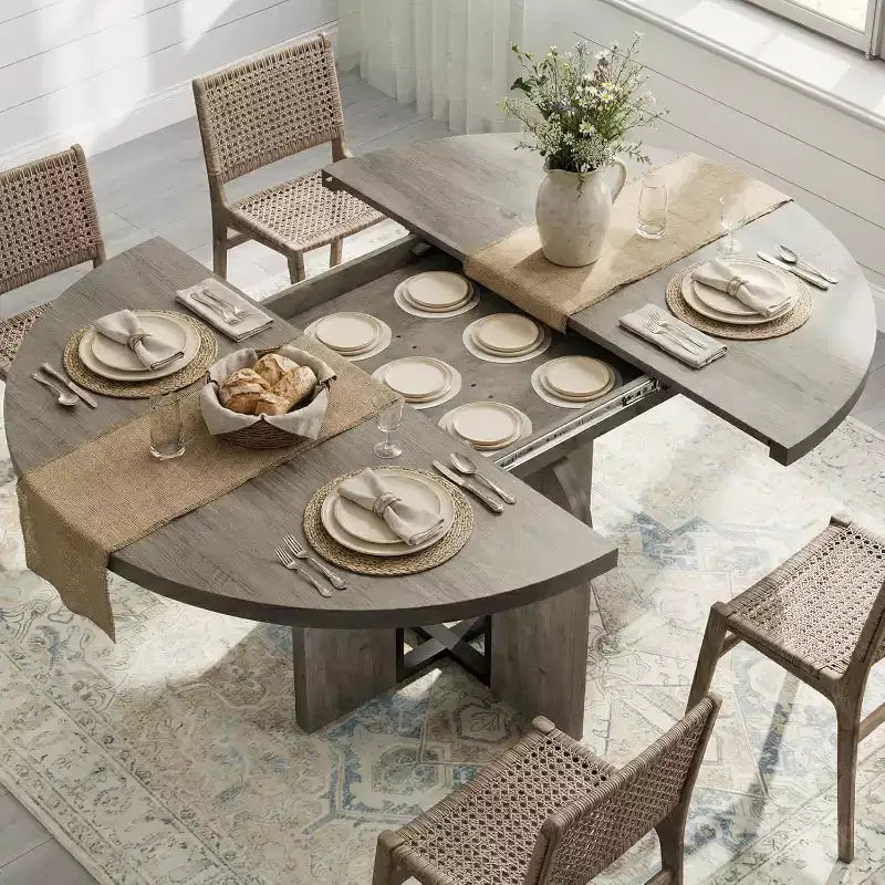 Tavolo da pranzo rotondo allungabile 47-63 per 4-8 persone, tavolo da cucina allungabile in legno stile rustico con struttura in metallo, salvaspazio ovale per appartamento, grigio retrò
