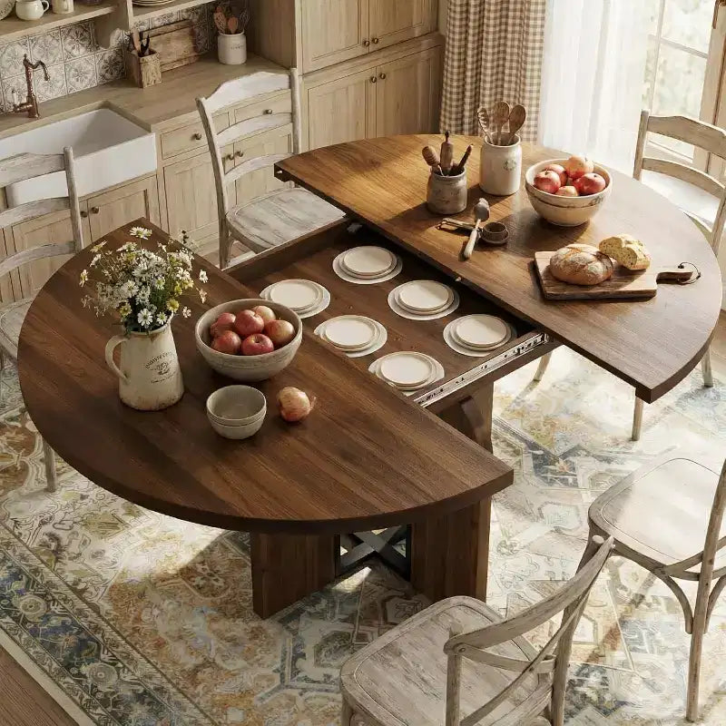 Tavolo da pranzo rotondo allungabile 47-63 per 4-8 persone, tavolo da cucina allungabile in legno stile rustico con struttura in metallo, salvaspazio ovale per appartamento, grigio retrò
