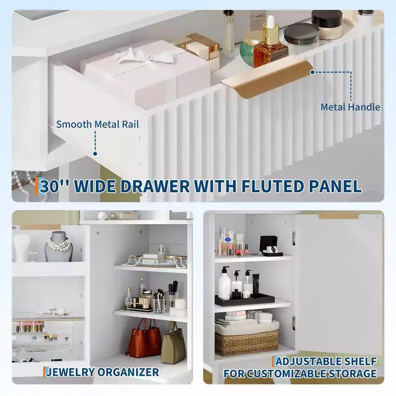 Tocador angolare per trucco con luci, 47 scrivanie in legno con specchio a tre ante e ripiano in vetro, set tavolo da toeletta con sgabello per camera da letto
