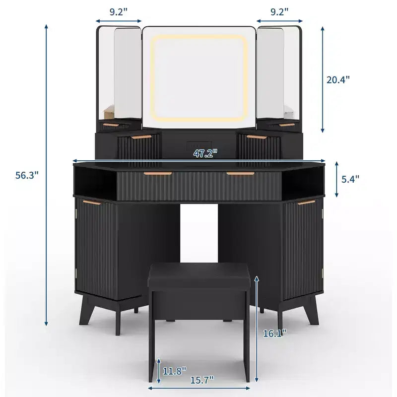 Tocador angolare per trucco con luci, 47 scrivanie in legno con specchio a tre ante e ripiano in vetro, set tavolo da toeletta con sgabello per camera da letto