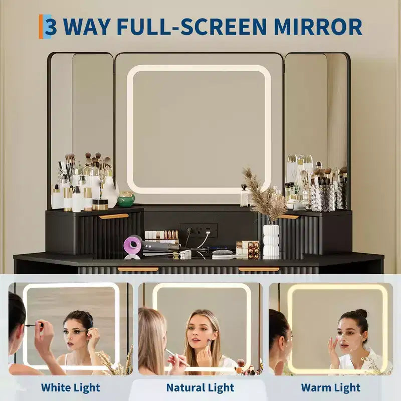 Tocador angolare per trucco con luci, 47 scrivanie in legno con specchio a tre ante e ripiano in vetro, set tavolo da toeletta con sgabello per camera da letto