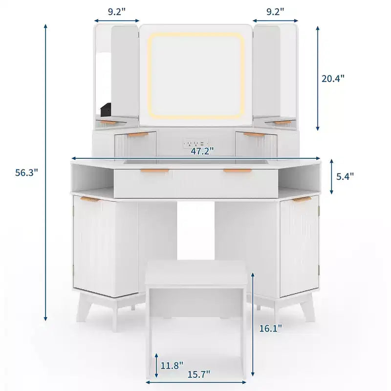 Tocador angolare per trucco con luci, 47 scrivanie in legno con specchio a tre ante e ripiano in vetro, set tavolo da toeletta con sgabello per camera da letto