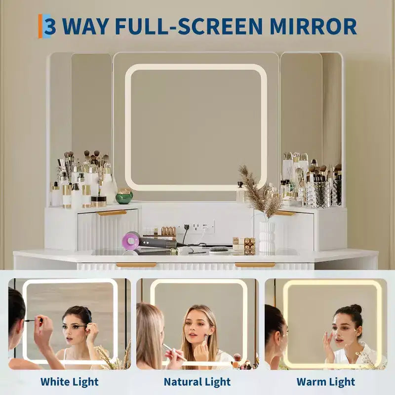 Tocador angolare per trucco con luci, 47 scrivanie in legno con specchio a tre ante e ripiano in vetro, set tavolo da toeletta con sgabello per camera da letto