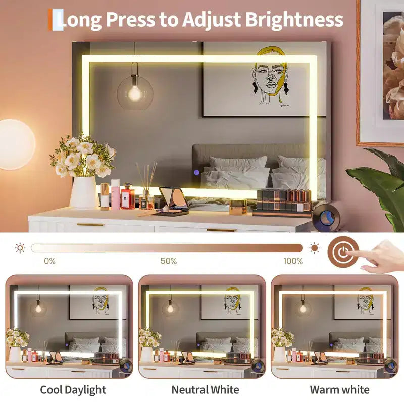 Scrivania da trucco scanalata con specchio e luci, piccola toeletta con 2 cassetti e presa di corrente, 3 modalità di illuminazione con luminosità regolabile per la camera da letto
