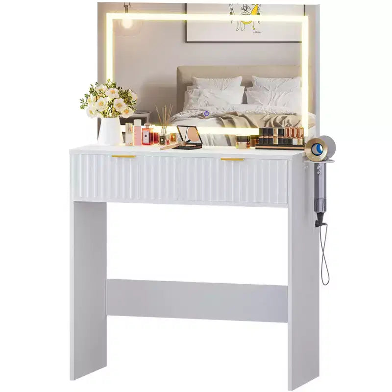 Scrivania da trucco scanalata con specchio e luci, piccola toeletta con 2 cassetti e presa di corrente, 3 modalità di illuminazione con luminosità regolabile per la camera da letto
