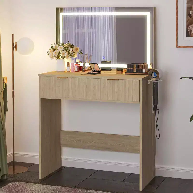 Scrivania da trucco scanalata con specchio e luci, piccola toeletta con 2 cassetti e presa di corrente, 3 modalità di illuminazione con luminosità regolabile per la camera da letto