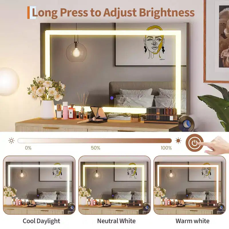 Scrivania da trucco scanalata con specchio e luci, piccola toeletta con 2 cassetti e presa di corrente, 3 modalità di illuminazione con luminosità regolabile per la camera da letto