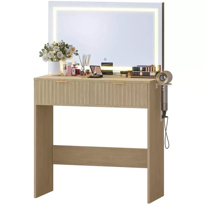 Scrivania da trucco scanalata con specchio e luci, piccola toeletta con 2 cassetti e presa di corrente, 3 modalità di illuminazione con luminosità regolabile per la camera da letto