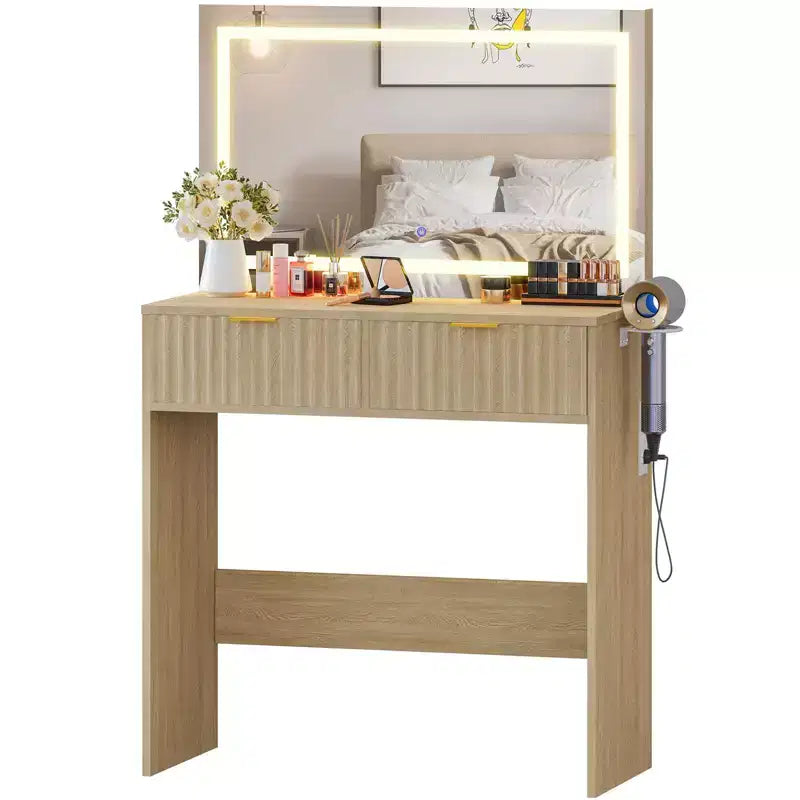 Scrivania da trucco scanalata con specchio e luci, piccola toeletta con 2 cassetti e presa di corrente, 3 modalità di illuminazione con luminosità regolabile per la camera da letto