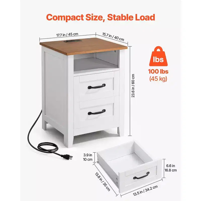VEVOR Comodini da Fattoria, con Stazione di Ricarica, Set da 2, Tavolini con 2 Cassetti e Ripiano Aperto, Armadietti Comodini, con Porta USB, Bianchi