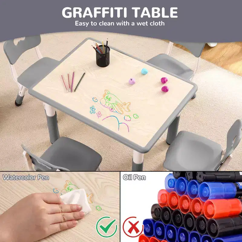 Tavolo e 4 Sedie Regolabili per Bambini – Antiscivolo, Resistente ai Graffi, Scrivania Multiuso per [Attività] – Età