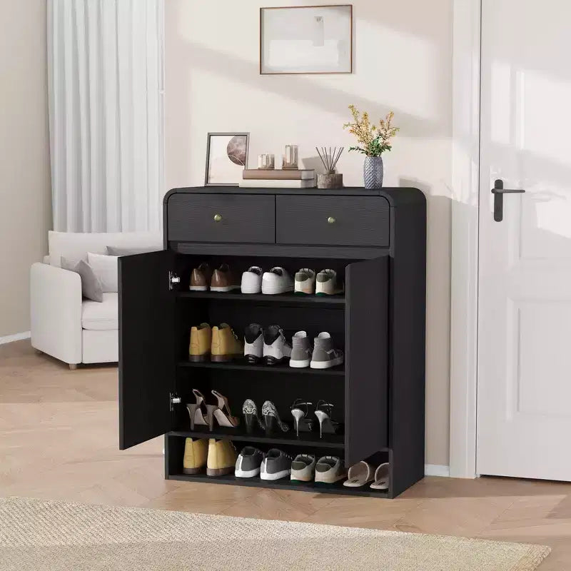 31.5 Narrow Freestanding Shoe Storage Cabinet with Adjustable Shelves, 2 Drawers & Bottom Shelf, Entryway Organizer for Hallway & Living Room