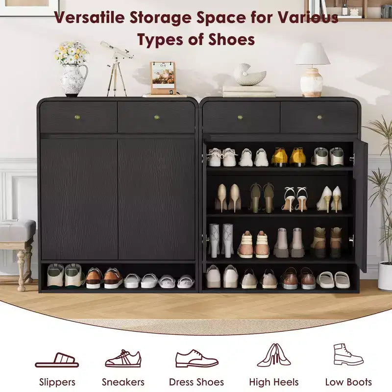 31.5 Narrow Freestanding Shoe Storage Cabinet with Adjustable Shelves, 2 Drawers & Bottom Shelf, Entryway Organizer for Hallway & Living Room