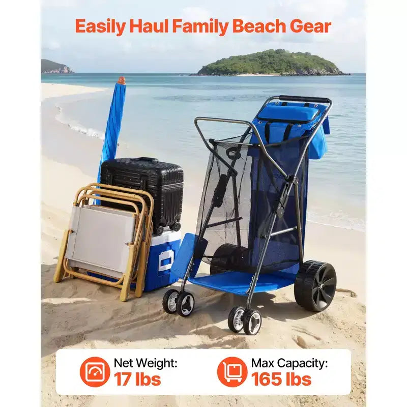 Carretto da spiaggia VEVOR con ruote grandi per sabbia, capacità di carico di 75 kg, carrello pieghevole resistente con 10 ruote piene, blu+grigio