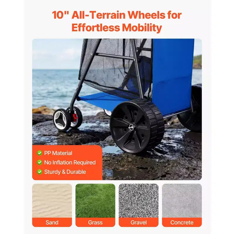Carretto da spiaggia VEVOR con ruote grandi per sabbia, capacità di carico di 75 kg, carrello pieghevole resistente con 10 ruote piene, blu+grigio