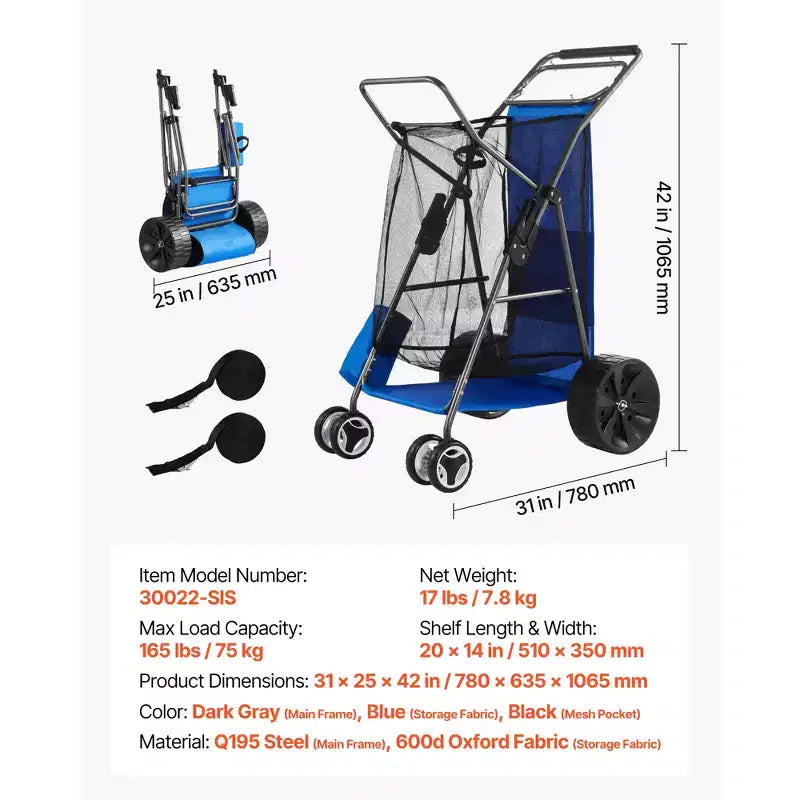Carretto da spiaggia VEVOR con ruote grandi per sabbia, capacità di carico di 75 kg, carrello pieghevole resistente con 10 ruote piene, blu+grigio