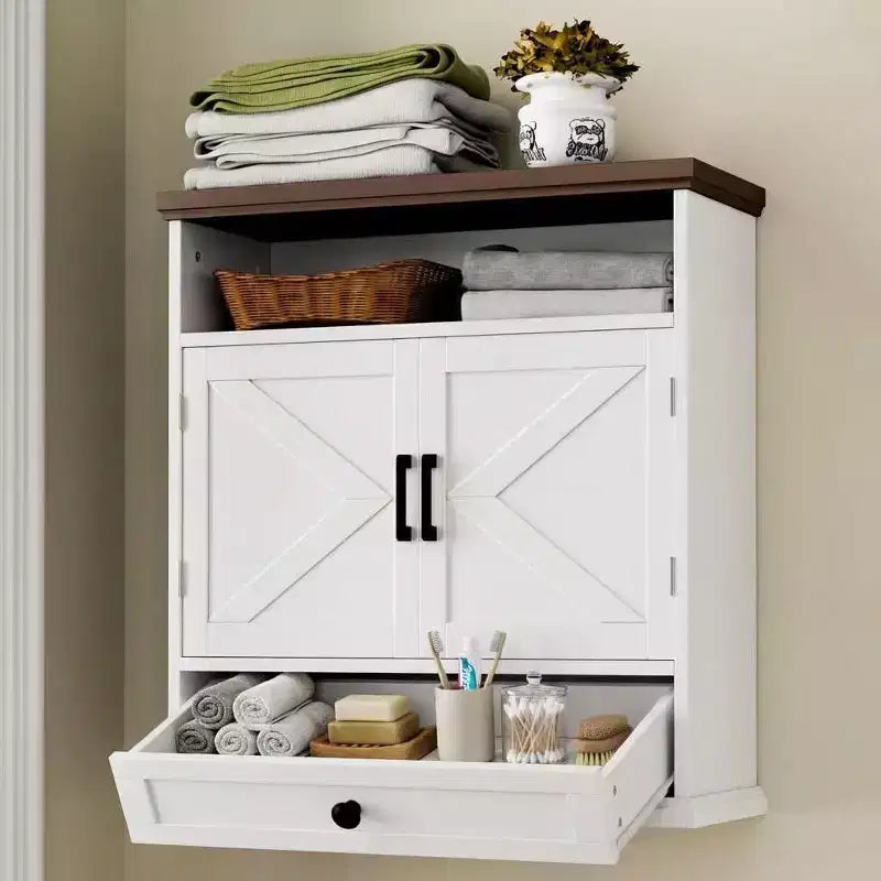 Garvee Bathroom Wall Cabinet, Farmhouse Medicine Cabinet, 24 Wide Cabinet with Drawer, Adjustable Shelf, Double Barn Doors, Storage Cabinet White