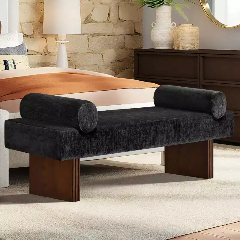 60 Modern Chenille Upholstered Bench with Throw Pillows, Entryway Bench with Padded Seat,End of Bed Bench for Bedroom or Living Room-Panipeachy