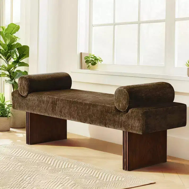 60 Modern Chenille Upholstered Bench with Throw Pillows, Entryway Bench with Padded Seat,End of Bed Bench for Bedroom or Living Room-Panipeachy
