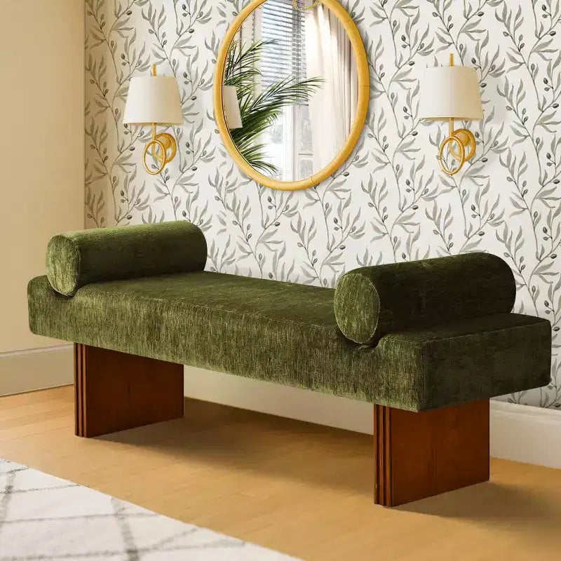 60 Modern Chenille Upholstered Bench with Throw Pillows, Entryway Bench with Padded Seat,End of Bed Bench for Bedroom or Living Room-Panipeachy