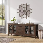 Mobile porta TV da 65" stile rustico per TV fino a 70" - Mobile TV moderno di metà secolo con 2 ante in vetro e 3 cassetti - Console multimediale in legno