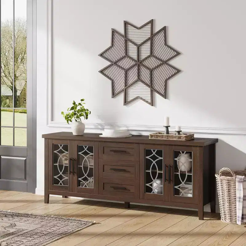 Mobile porta TV da 65" stile rustico per TV fino a 70" - Mobile TV moderno di metà secolo con 2 ante in vetro e 3 cassetti - Console multimediale in legno