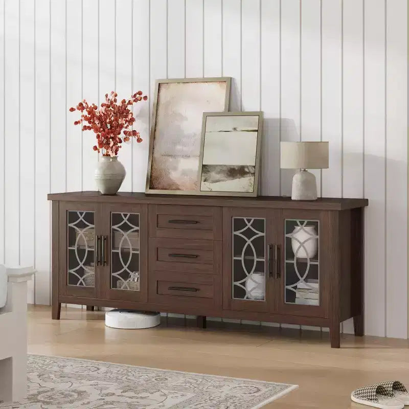 Mobile porta TV da 65" stile rustico per TV fino a 70" - Mobile TV moderno di metà secolo con 2 ante in vetro e 3 cassetti - Console multimediale in legno