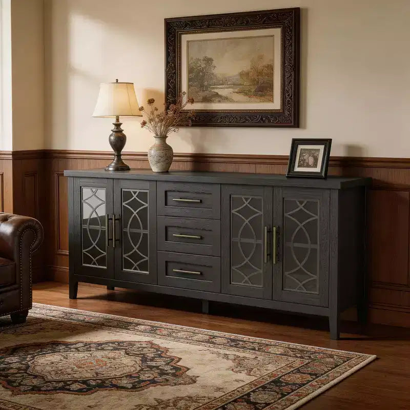Mobile porta TV da 65" stile rustico per TV fino a 70" - Mobile TV moderno di metà secolo con 2 ante in vetro e 3 cassetti - Console multimediale in legno