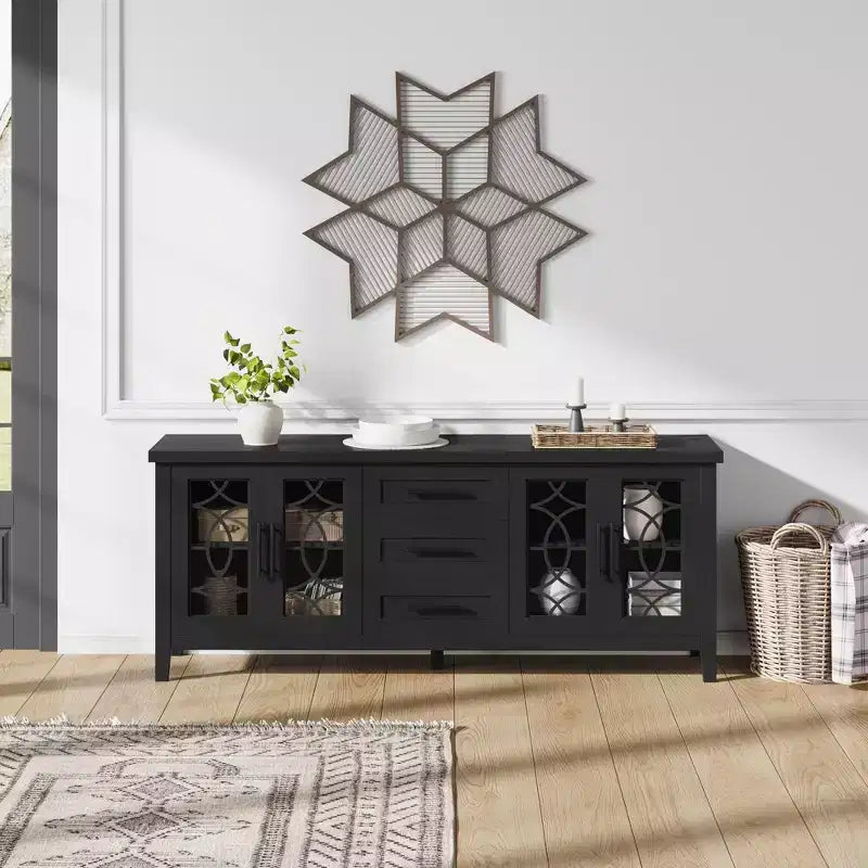 Mobile porta TV da 65" stile rustico per TV fino a 70" - Mobile TV moderno di metà secolo con 2 ante in vetro e 3 cassetti - Console multimediale in legno