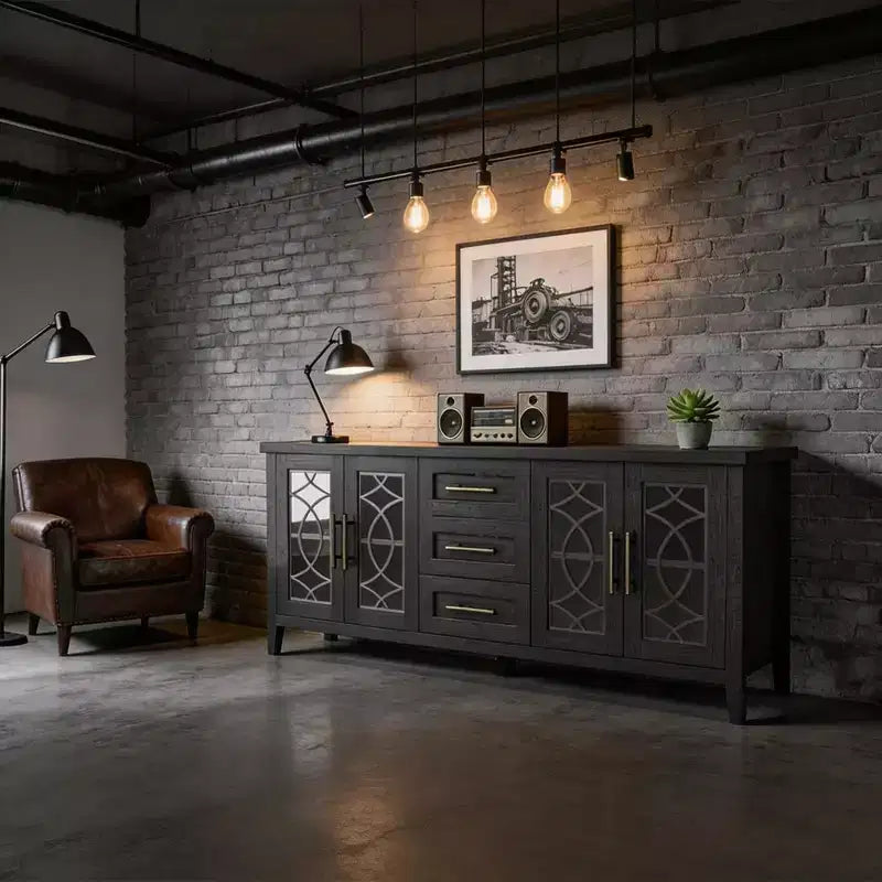 Mobile porta TV da 65" stile rustico per TV fino a 70" - Mobile TV moderno di metà secolo con 2 ante in vetro e 3 cassetti - Console multimediale in legno