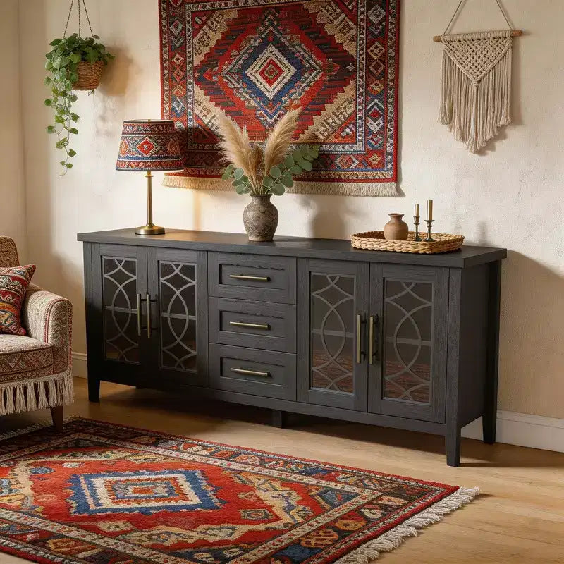 Mobile porta TV da 65" stile rustico per TV fino a 70" - Mobile TV moderno di metà secolo con 2 ante in vetro e 3 cassetti - Console multimediale in legno