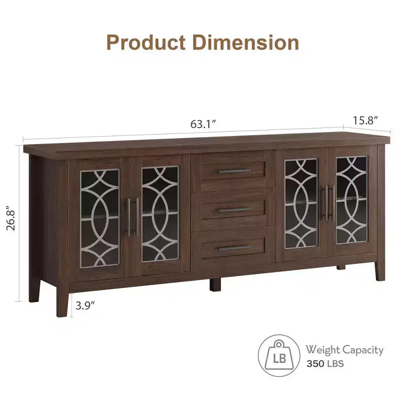 Mobile porta TV da 65" stile rustico per TV fino a 70" - Mobile TV moderno di metà secolo con 2 ante in vetro e 3 cassetti - Console multimediale in legno