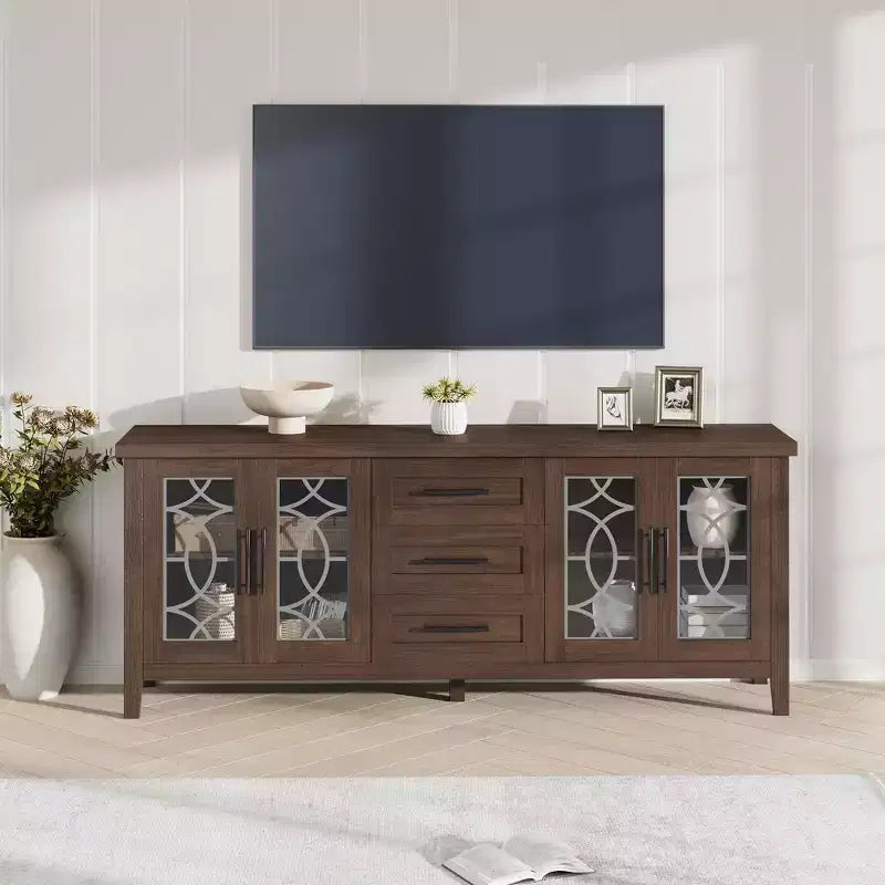 Mobile porta TV da 65" stile rustico per TV fino a 70" - Mobile TV moderno di metà secolo con 2 ante in vetro e 3 cassetti - Console multimediale in legno