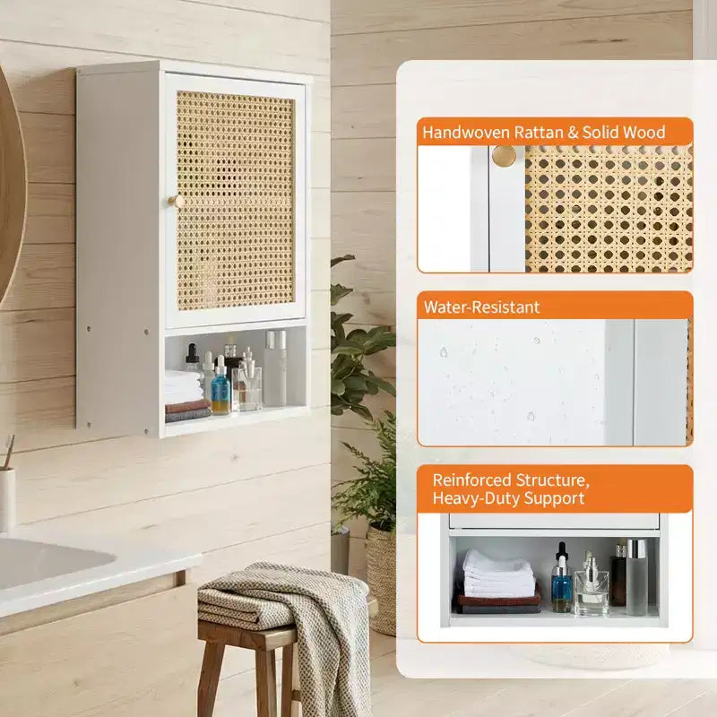 Pensile da Bagno in Bambù con Ante in Rattan - Armadietto dei Medicinali con Ripiano Regolabile e Organizzatore Salvaspazio sopra il WC