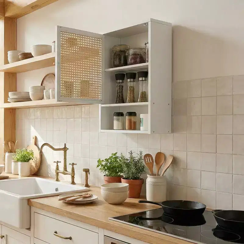 Pensile da Bagno in Bambù con Ante in Rattan - Armadietto dei Medicinali con Ripiano Regolabile e Organizzatore Salvaspazio sopra il WC