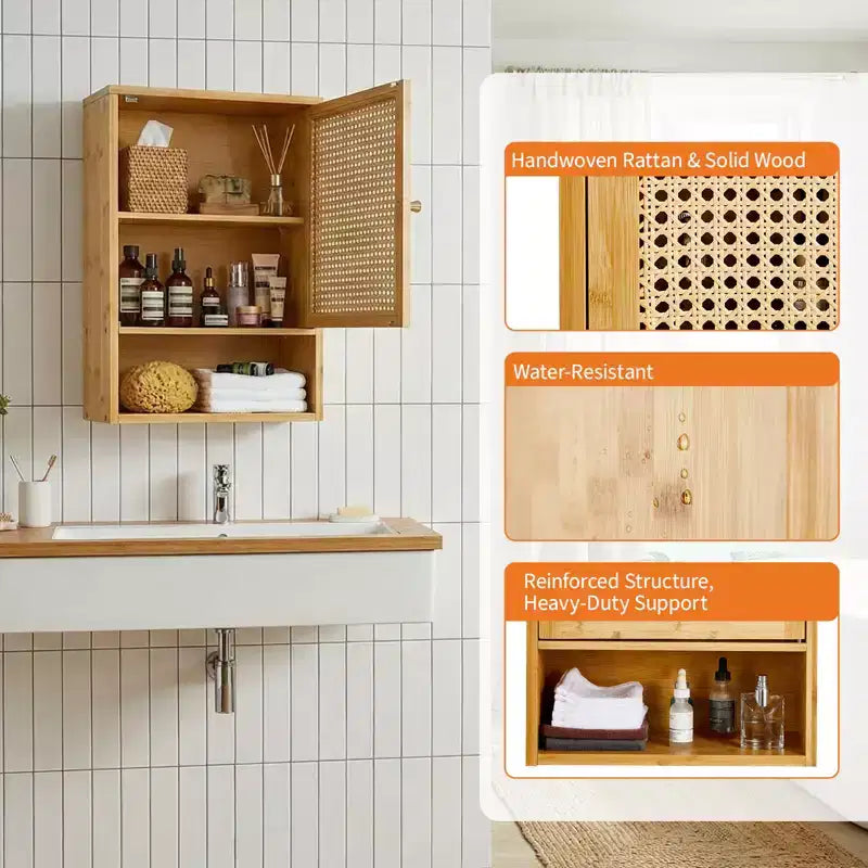 Pensile da Bagno in Bambù con Ante in Rattan - Armadietto dei Medicinali con Ripiano Regolabile e Organizzatore Salvaspazio sopra il WC