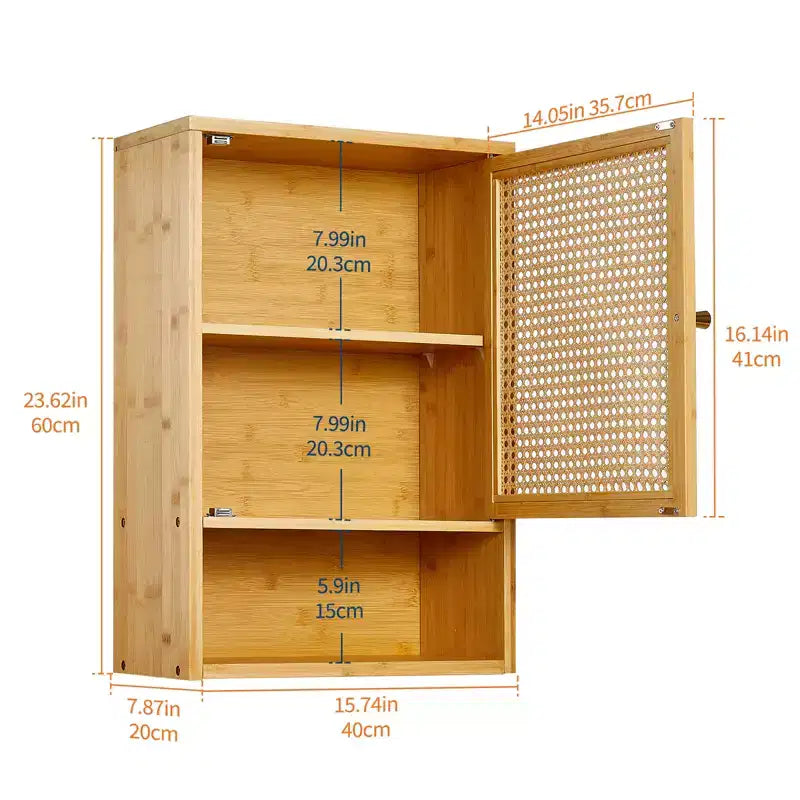 Pensile da Bagno in Bambù con Ante in Rattan - Armadietto dei Medicinali con Ripiano Regolabile e Organizzatore Salvaspazio sopra il WC