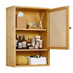 Pensile da Bagno in Bambù con Ante in Rattan - Armadietto dei Medicinali con Ripiano Regolabile e Organizzatore Salvaspazio sopra il WC