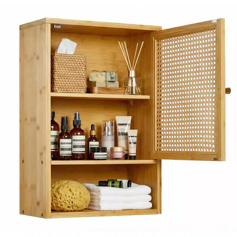 Pensile da Bagno in Bambù con Ante in Rattan - Armadietto dei Medicinali con Ripiano Regolabile e Organizzatore Salvaspazio sopra il WC
