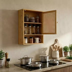 Pensile da Bagno in Bambù con Ante in Rattan - Armadietto dei Medicinali con Ripiano Regolabile e Organizzatore Salvaspazio sopra il WC