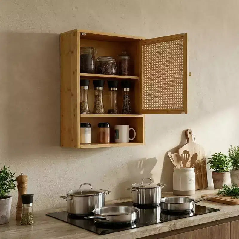 Pensile da Bagno in Bambù con Ante in Rattan - Armadietto dei Medicinali con Ripiano Regolabile e Organizzatore Salvaspazio sopra il WC