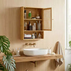 Pensile da Bagno in Bambù con Ante in Rattan - Armadietto dei Medicinali con Ripiano Regolabile e Organizzatore Salvaspazio sopra il WC