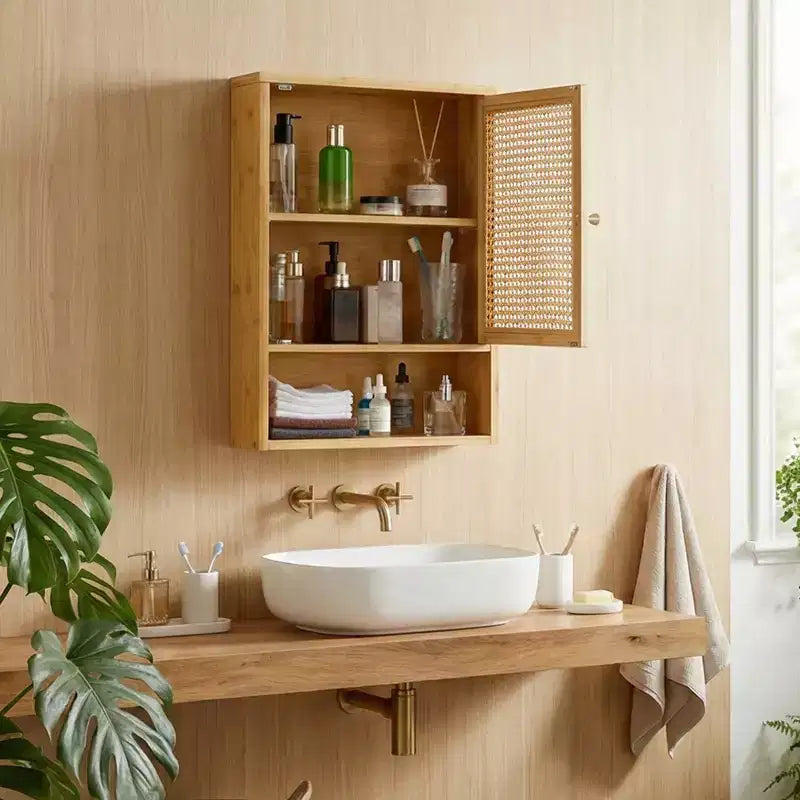 Pensile da Bagno in Bambù con Ante in Rattan - Armadietto dei Medicinali con Ripiano Regolabile e Organizzatore Salvaspazio sopra il WC