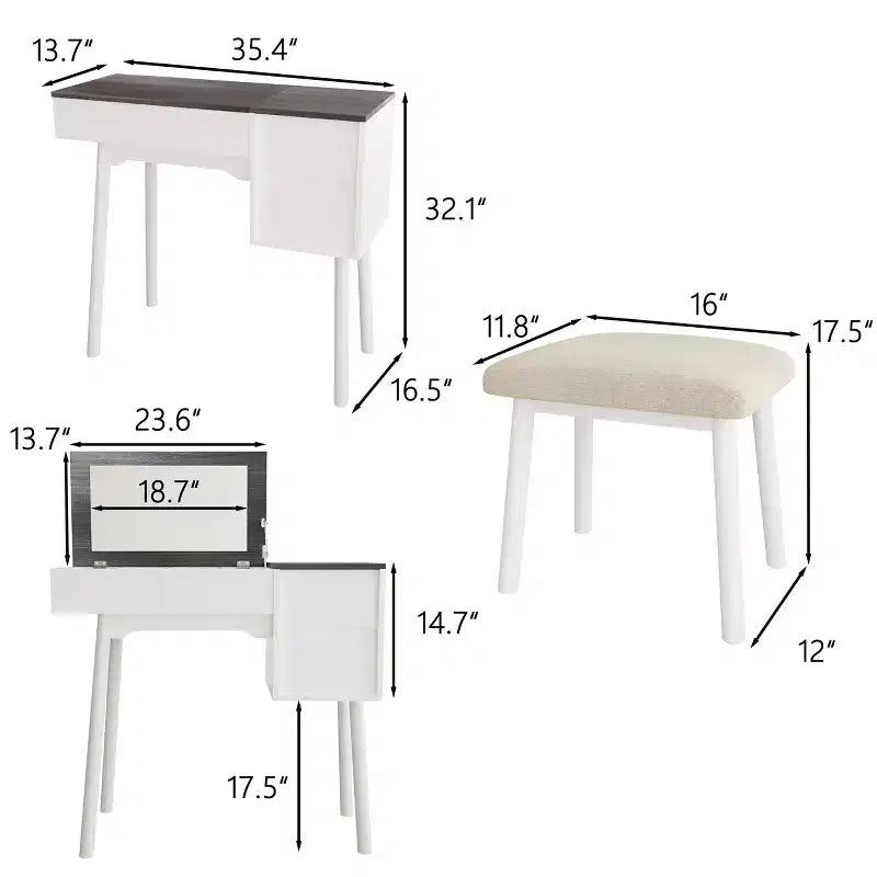 Cassettiera da trucco bianca con specchio a scomparsa, 2 cassetti e 8 scomparti per camera da letto, design 3 in 1, salvaspazio