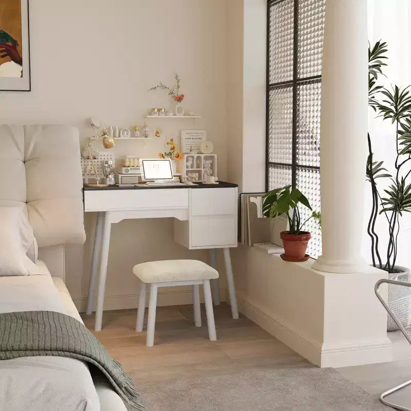 Cassettiera da trucco bianca con specchio a scomparsa, 2 cassetti e 8 scomparti per camera da letto, design 3 in 1, salvaspazio